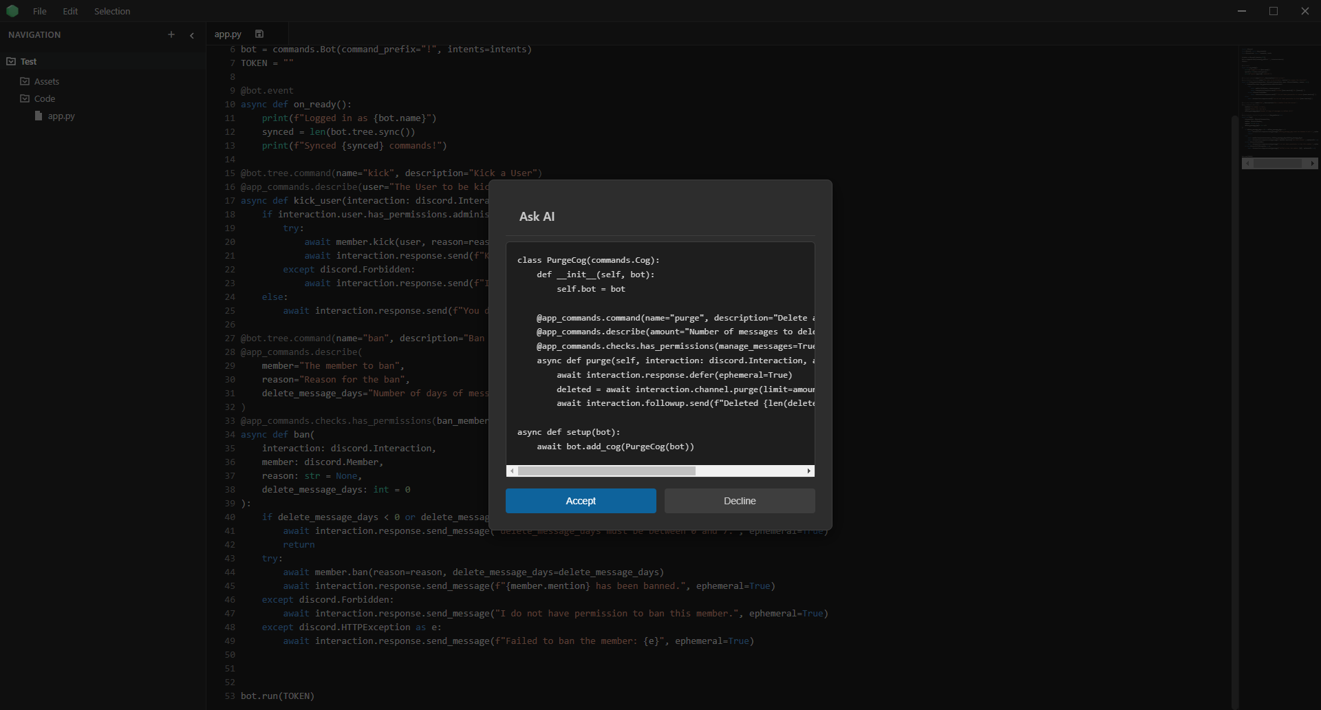 AI assistant dialog in code editor