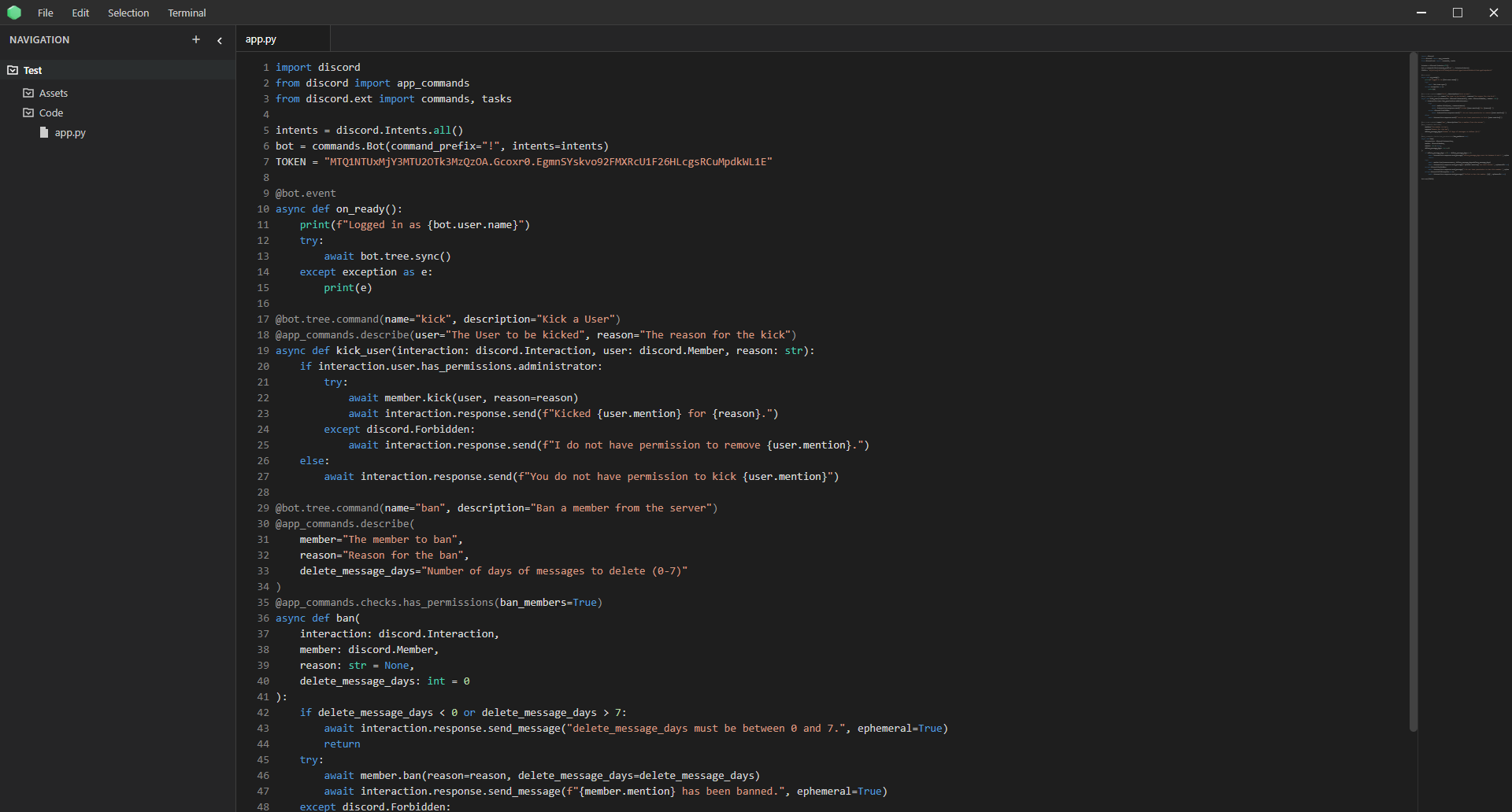 Code editor showing Discord bot development